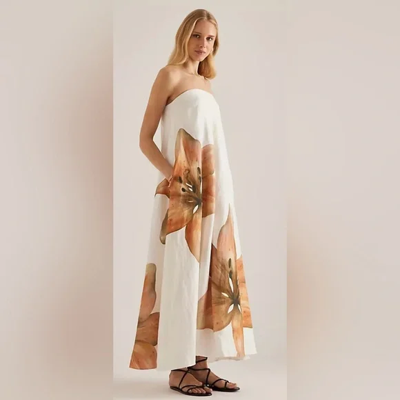 Anthropologie Strapless Floral Maxi Dress in White and Peach - Picture 2 of 4